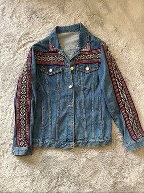 One of a kind vintage Embroidered Denim Jacket - Blue with Burgundy Trim